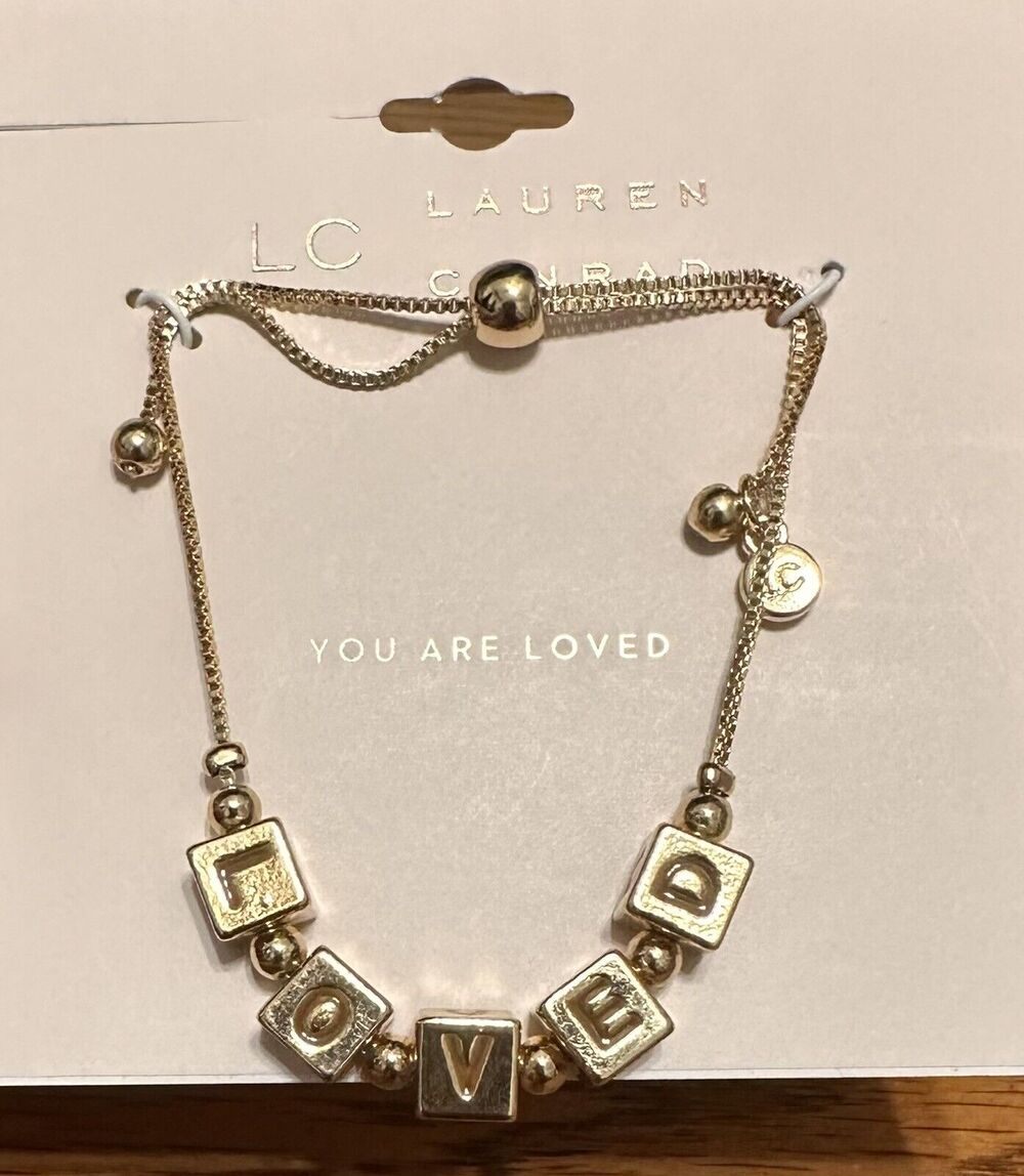 LC Lauren Conrad Loved Blocks Gold Tone Adjustable Bracelet Love Friendship NEW